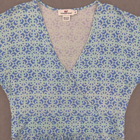 Vineyard Vines Midi Dress M Faux Wrap Geometric Blue Mint V Neck Stretch Viscose - Picture 3 of 11